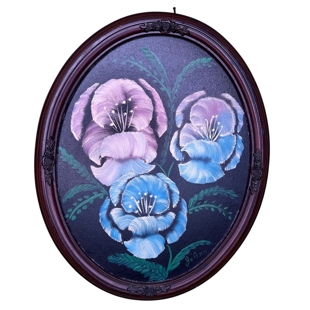 Vintage Signed Jo Ann Floral Oil Painting Oval Framed Blue Purple Whimsigoth